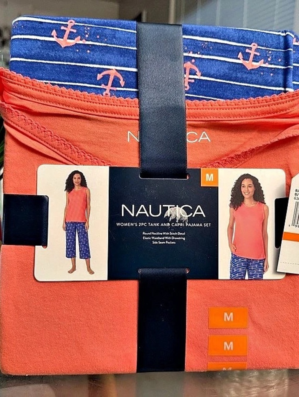 Nautica Women's 2 PC Tank and Capri Pajama Set Coral & Blue Medium
